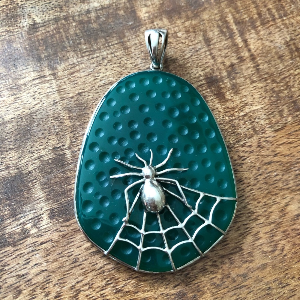 Green Pendant with Silver Spider Design stamped 925